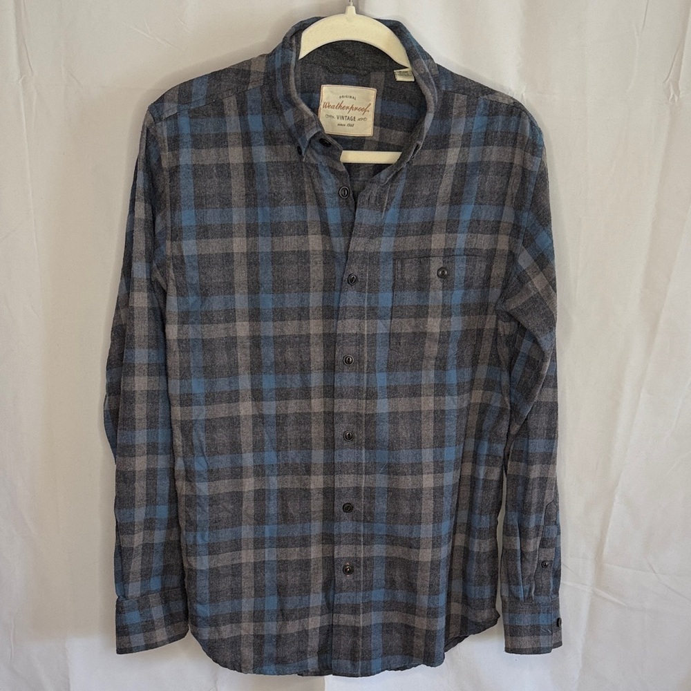 Weatherproof Cotton Flannel Button Down Shirt - Blue and Gray Checkered - Small